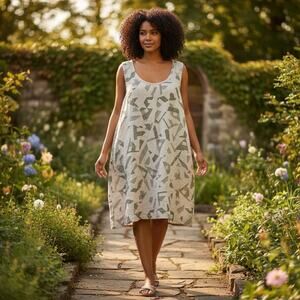 Geometric Print Sleeveless Linen Blend Shift Dress Womens L Relaxed Fit Neutral